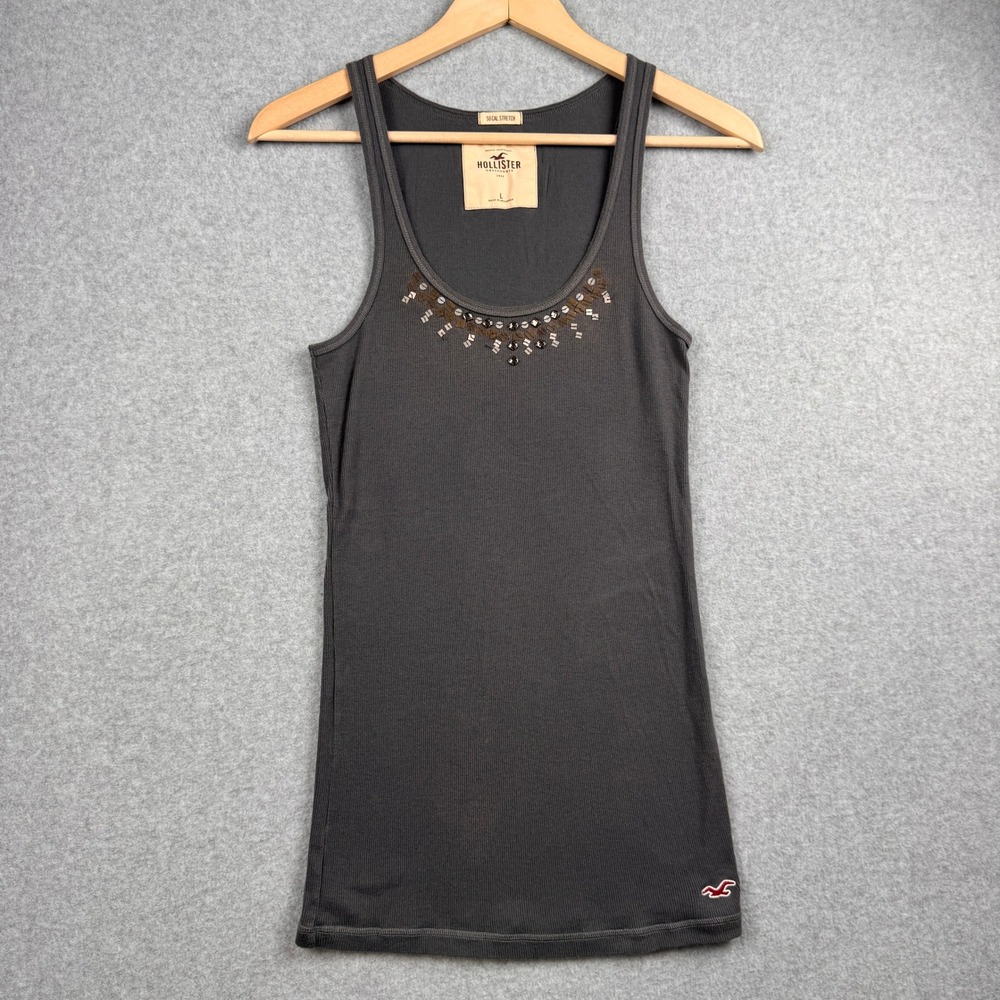Vintage Hollister Tank Top‎ Womens Large Gray Sequin Ribbed So Cal Stretch Y2K